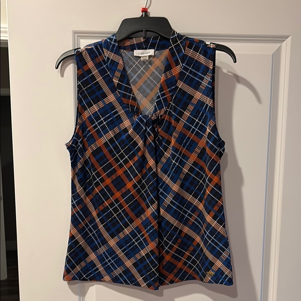LOFT Blue and Orange Wrap Blouse with Mandarin Collar
